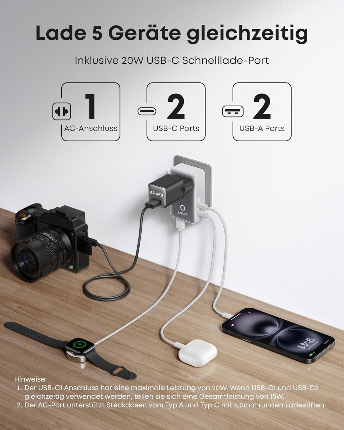 Anker Nano Reiseadapter Weltweit, Universal Reiseadapter mit 4X USB, 2X USB C, 2X USB A und 1x AC, Steckdosenadapter für Deutschland USA England, einsetzbar in über 200 Ländern, ideal für Reisen - Image 5
