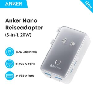 Anker Nano Reiseadapter Weltweit, Universal Reiseadapter mit 4X USB, 2X USB C, 2X USB A und 1x AC, Steckdosenadapter für Deutschland USA England, einsetzbar in über 200 Ländern, ideal für Reisen