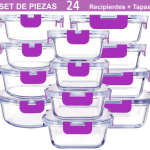Juego de Recipientes de Cristal Herméticos (24 Piezas) | 12 Tápers + 12 Tapas Sin BPA, Aptos para Microondas, Horno y Lavavajillas