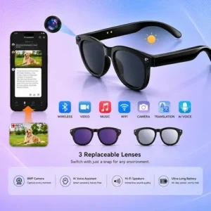 Intelligente AI-Kamera-Brille mit Echtzeit-Übersetzer & 3 Wechselgläsern