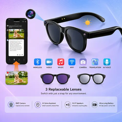 Intelligente AI-Kamera-Brille mit Echtzeit-Übersetzer & 3 Wechselgläsern